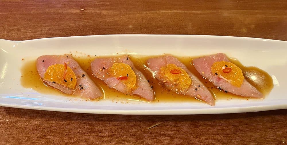 Hamachi carpaccio with citrus at Fukuoka Sushi Bar Houston
