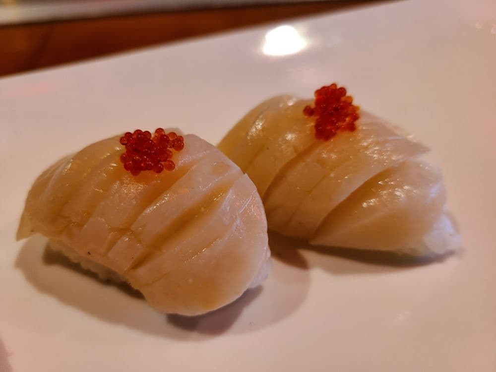Scallop nigiri served at Fukuoka Sushi Bar & Grill Houston